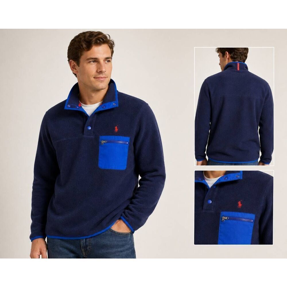 Polo Ralph Lauren Fleece Pullover Jacket Blue Snap Collar Pocket Men L